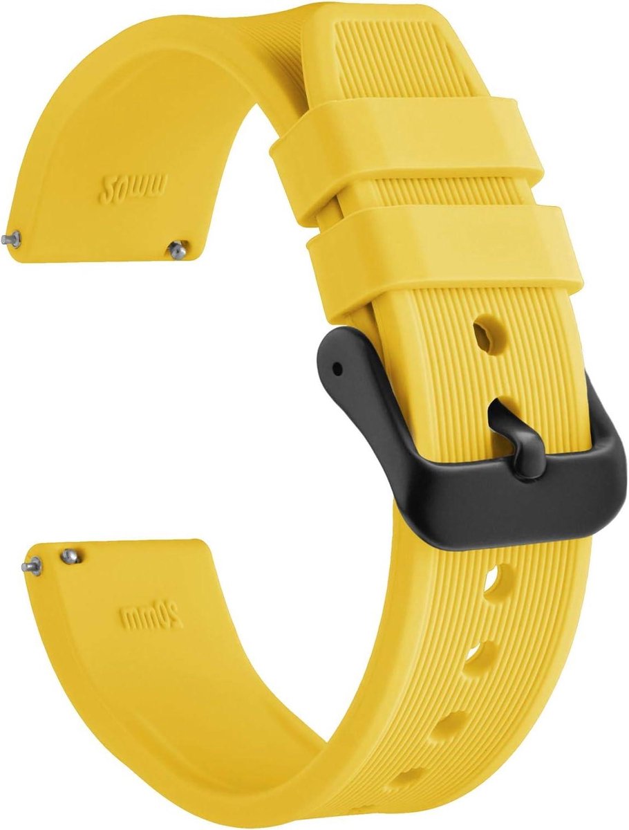 Allecto plus - Siliconen horlogeband, snelwissel rubber voor heren en dames, geel-zwarte gesp. 18mm, 20mm, 22mm, 24mm breedte.