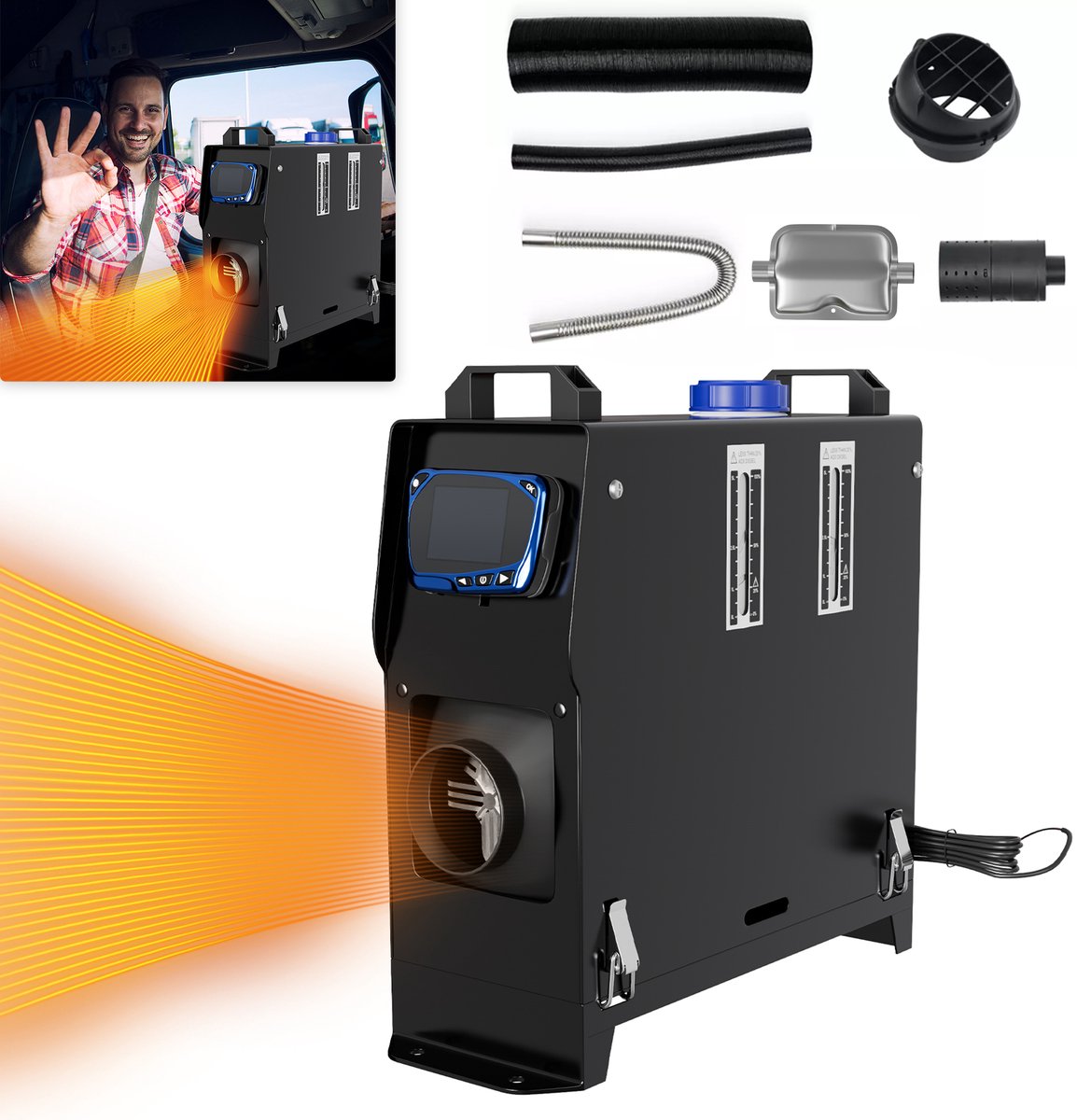 12V Diesel Luchtverwarmer Standverwarming Diesel 8KW Lucht Diesel Standverwarming Verwarming Auto Verwarming Dieselverwarming Met Afstandsbediening LCD & Luchtuitlaat Voor Vrachtwagen Campers Auto RV (Zwart + Blauw LCD)