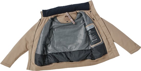 Veste bomber beige ouverte pour femme, avec col teddy bleu marine et poches intérieures.