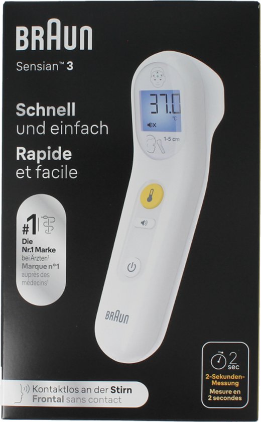 Braun Sensian 3 thermometer, wit, met digitaal display. Snel en eenvoudig, nr. 1 merk bij artsen. Contactloos aan het voorhoofd.