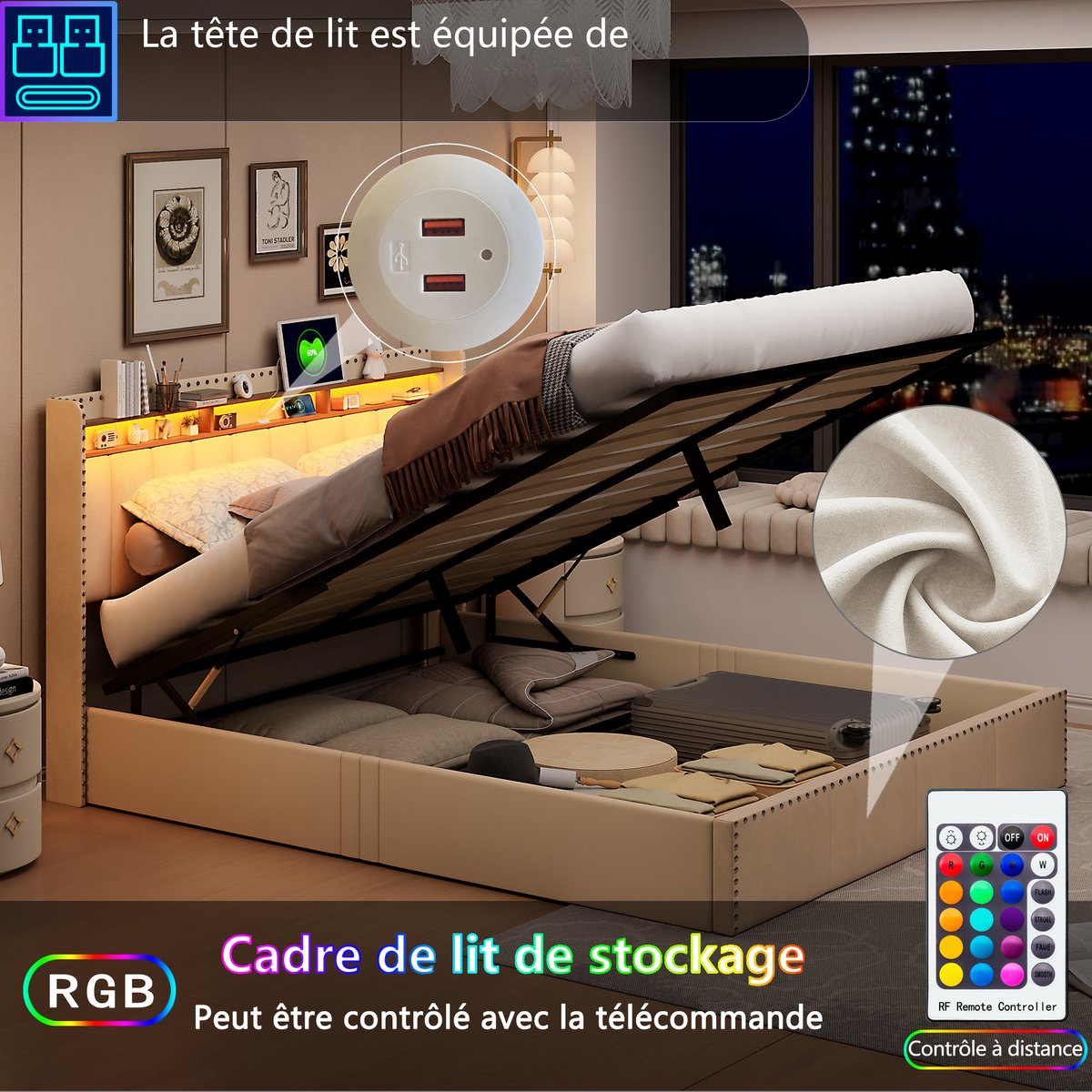 Opbergbed 140x200 cm - Beige Fluwelen Tweepersoonsbed met - Opbergbed - €292,99