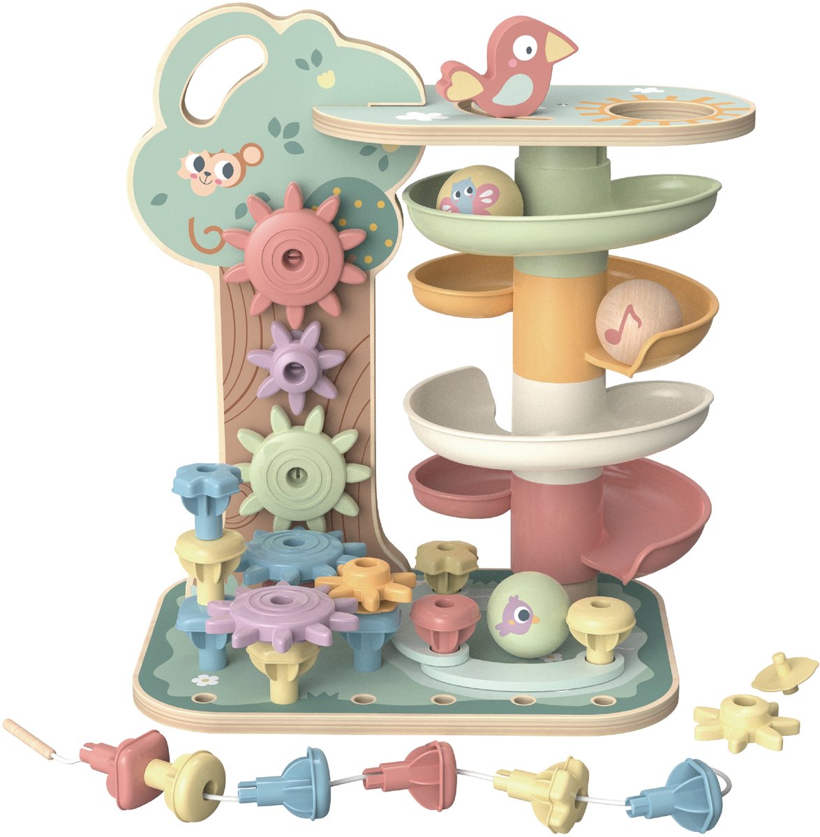 Tooky Toy Knikkerbaan met Dieren – Houten Activiteitenspeelgoed – Met Knikkerbaan, Tandwielen, Kralen en Dieren – Educatief Speelgoed voor Peuters