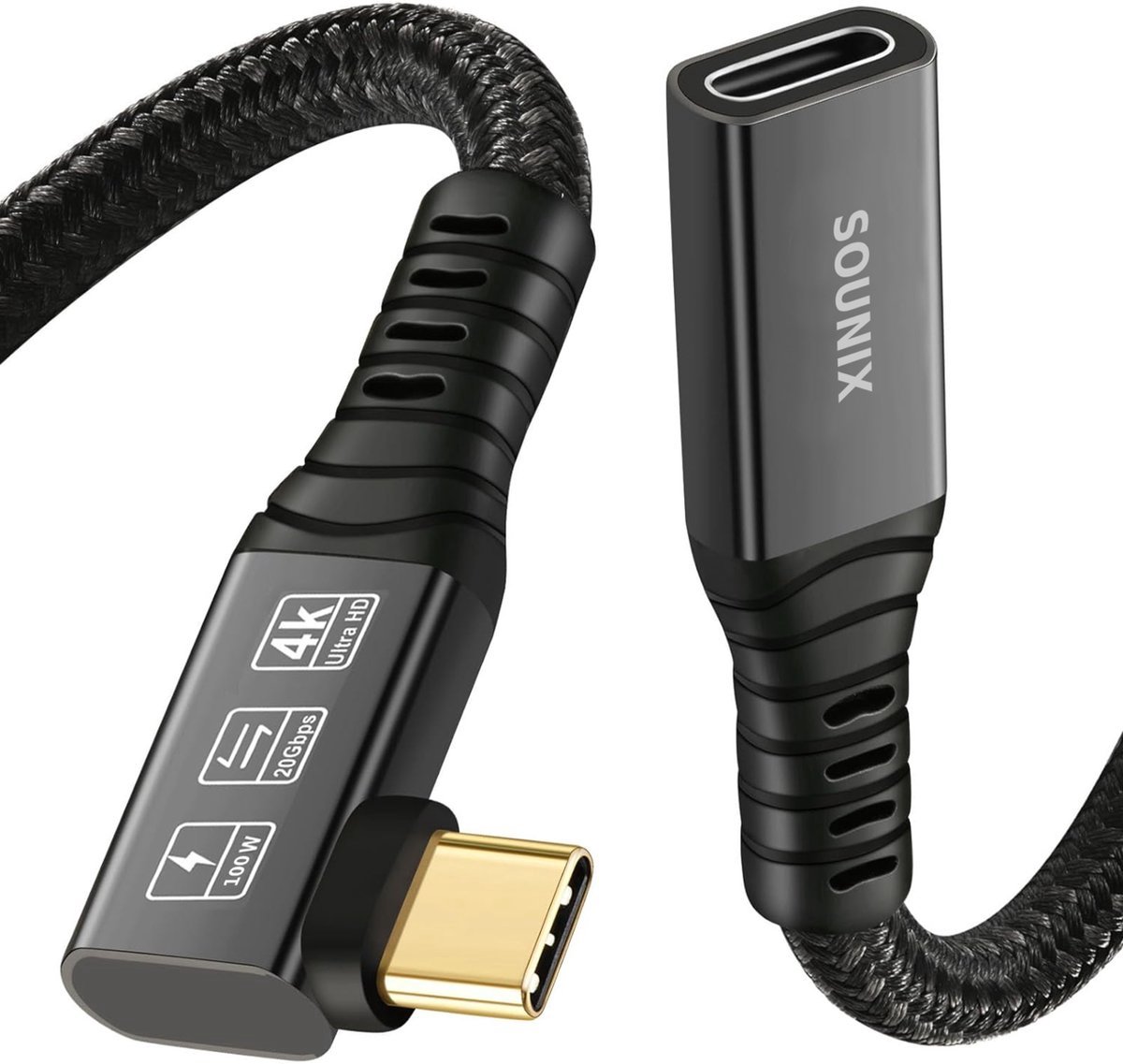 Sounix USB C 3.2 Verlengkabel - USB C kabel (20bps) - 100W snel opladen - Ondersteuning voor 4K60Hz - 1 Meter - Gecertificeerd - Zwart L Shape