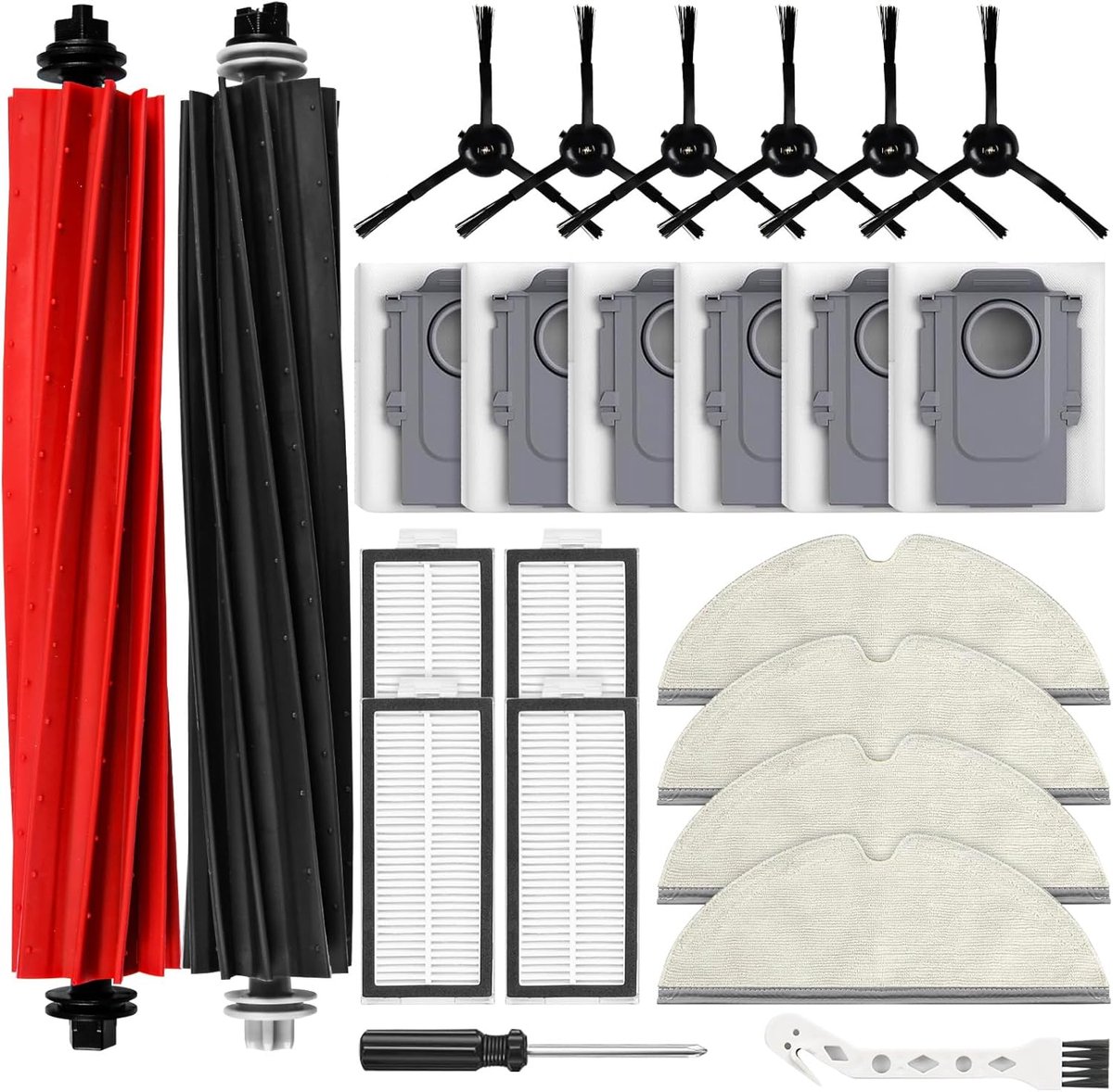 24-delig accessoireset gescht voor Roborock Q8 Max/Q5 Pro/Q5 Pro+/Q8 Max+ robotstofzuiger – 2 hoofdborstels, 6 stofzakken, 4 dweilpads, 4 HEPA-filters, 6 zijborstels, 1 reinigingsborstel, 1 schroevendraaier