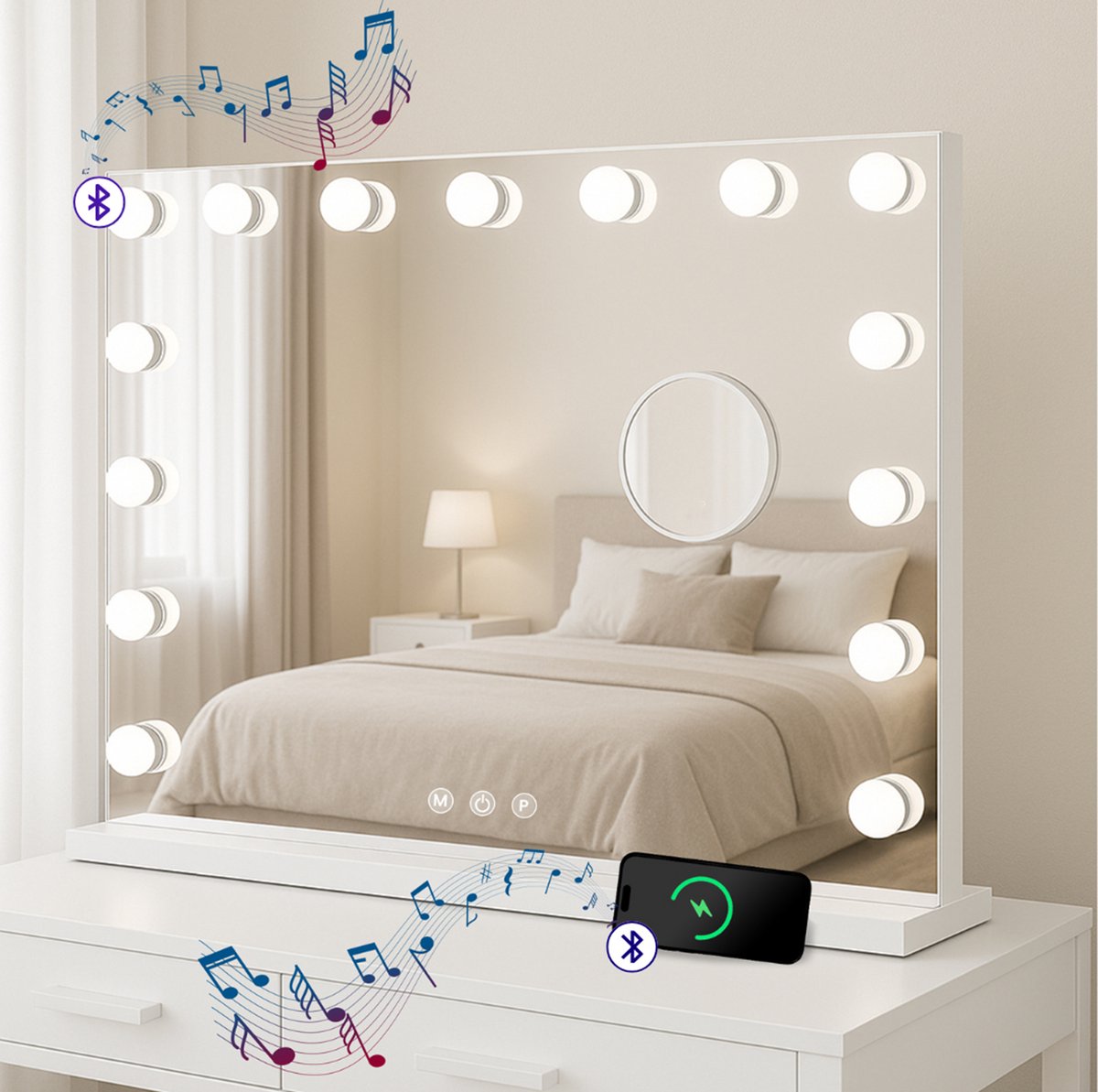 Bayt Hollywood Spiegel met verlichting - Make Up Spiegel met Verlichting - Spiegel Met Verlichting - Met bluetooth - USB aansluiting - Dimbaar - 10x Vergroting - 58x46cm - Wit