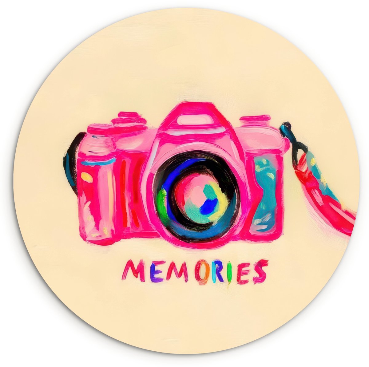 WallCircle Wandcirkel 120x120 cm - Muurcirkel Camera - Memories - Roze - Geschilderd - Muurdecoratie woonkamer - Wanddecoratie slaapkamer - Kamer decoratie accessoires - Ronde schilderijen