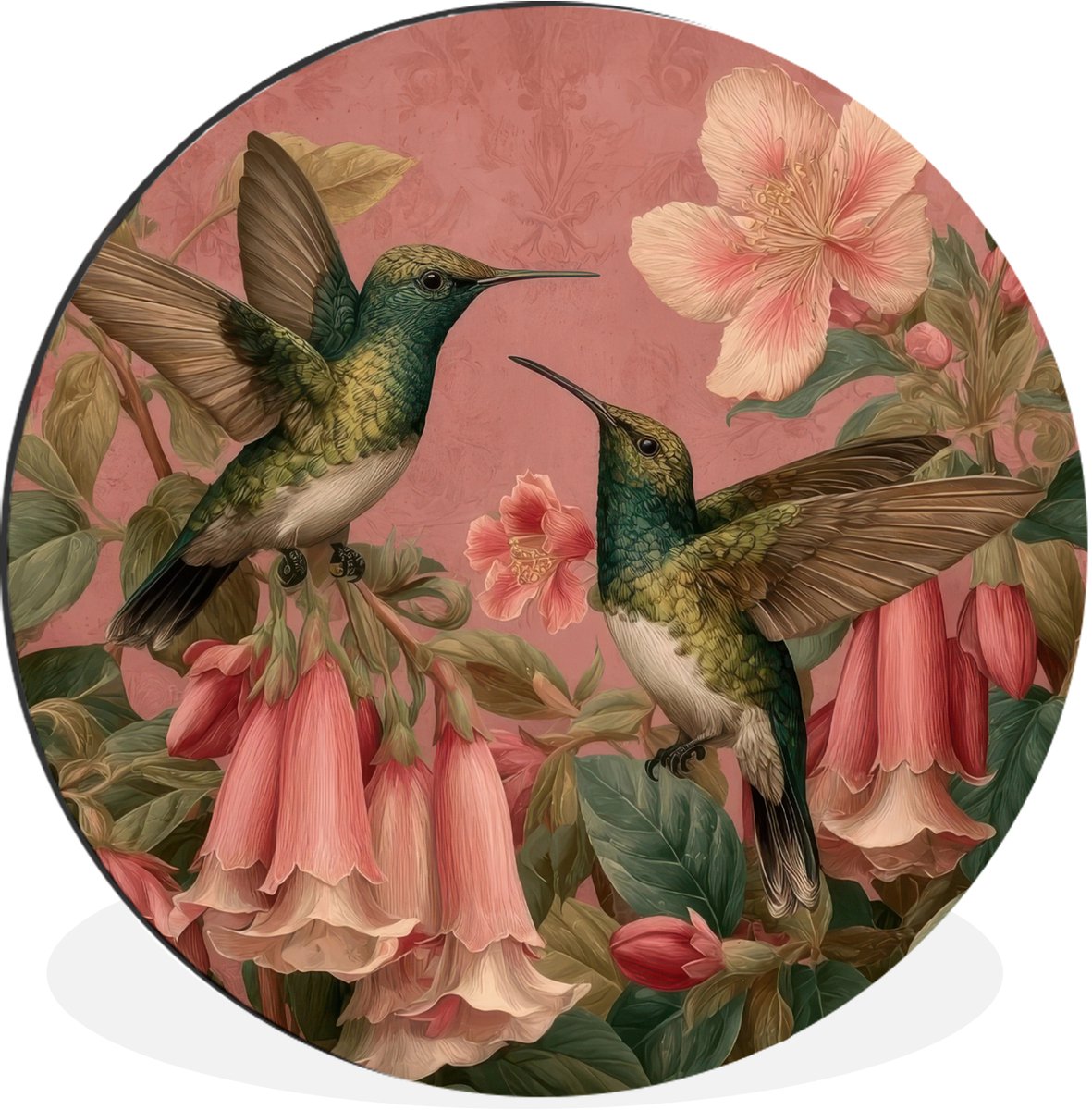 WallCircle Wandcirkel - Muurcirkel - Kolibries - Bloemen - Groen - Roze - Aluminium - Dibond - 140x140 cm - Binnen en Buiten