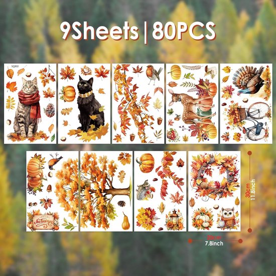 9 vellen met 80 stuks herfstdecoraties: katten, kalkoenen, uilen, herten, fiets en herfstbladeren.