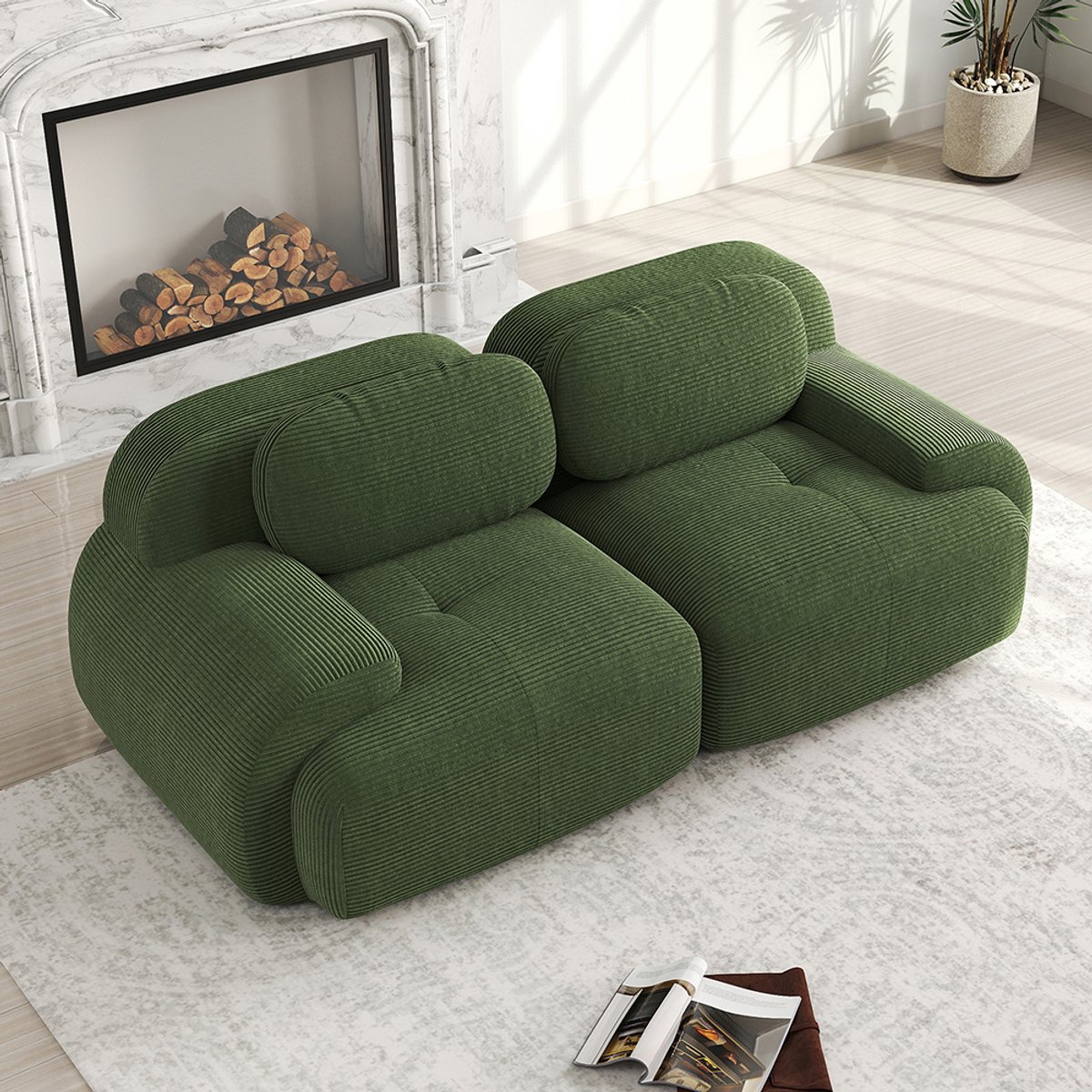 BLACKCOLORS Loveseat 82'' in corduroy, modulair combineerbaar met gebogen armleuningen en antislipvoet, hoogelastische vulling voor woonkamer, slaapkamer en thuisbioscoop, Green