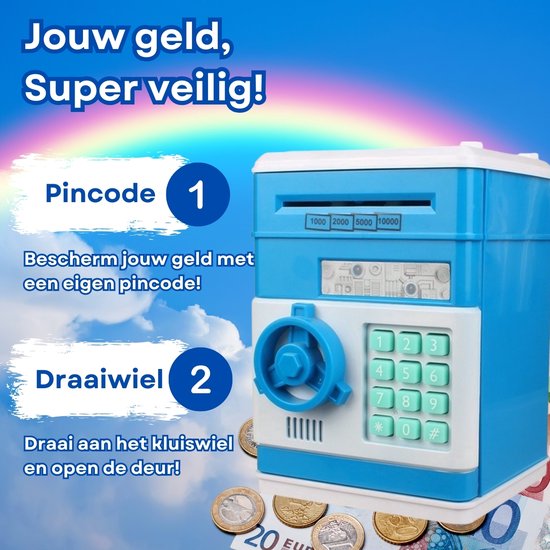RAMBUX® - Coffre-fort avec code PIN et son - Bleu clair - Tirelire - Pièces et billets - Tirelire automatique - Jouets Éducatif