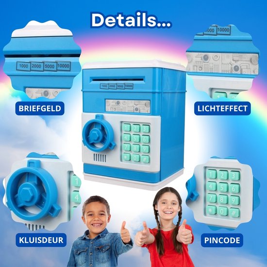 RAMBUX® - Coffre-fort avec code PIN et son - Bleu clair - Tirelire - Pièces et billets - Tirelire automatique - Jouets Éducatif