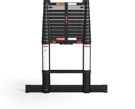 Zwarte telescopische ladder, volledig ingeschoven, met stabiliserende basis.