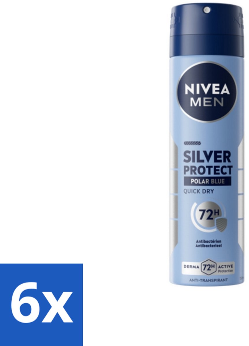 6 x Nivea - Men - Deodorant - Spray - Silver Protect Polar Blue - 150 ml - 72 Uur Bescherming - Zilverionen - Anti-transpirant - Deodorant Spray - Zweetgeur