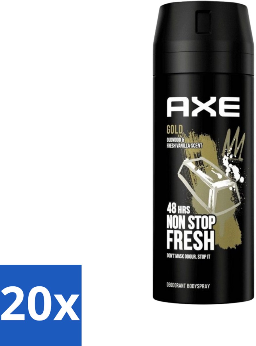 20 x Axe - Deodorant Bodyspray - 48hrs Fresh - Gold - Oud Wood & Fresh Vanilla - 150 ml - 48 Uur Geurbeleid - Deodorant Bodyspray - Oud Hout Geur - Donker Vanille - Geurbestrijdende Zinktechnologie