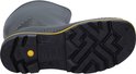 Onderzijde van een zwarte Dunlop laars met grof antislip profiel en een opvallende gele cirkel.