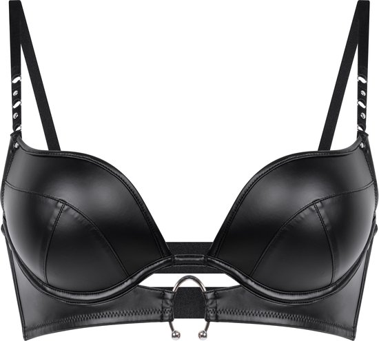 Zwarte push-up bh met kunstlederen cups, ringdetail op de borst en metalen details.