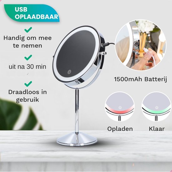 make up spiegel chroom staand 2000mah 10x zoom
