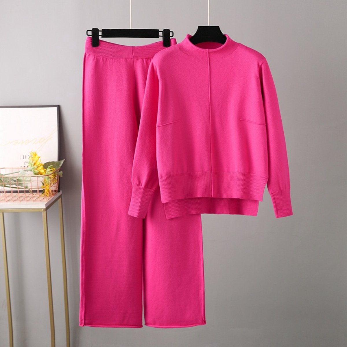 Gebreide trui - Dames truienset - Roze - One Size Fits All - 2-delige set, perfect voor herfst en winter - Losse pasvorm - Viscose
