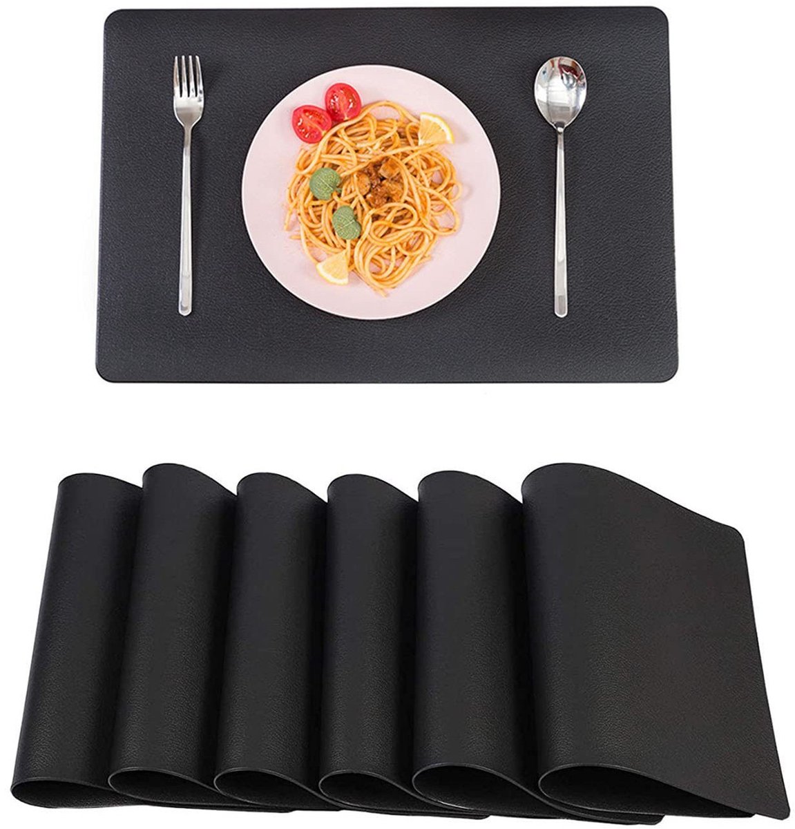 Placemats Set van 6 - placemats - Zwarte Placemat - Zwarte Leren Placemat - Placemat - PVC Leer