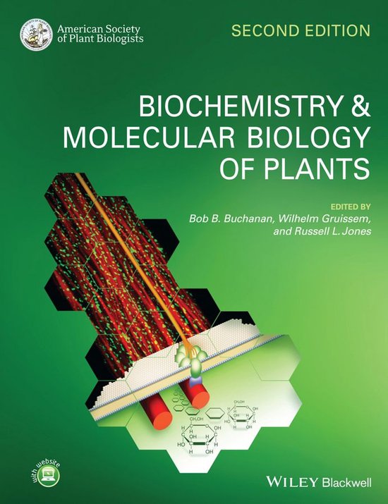 Biochemie & Moleculaire Biologie van Planten, tweede editie, met een hexagonale weergave van plantencellen en chemische structuren.