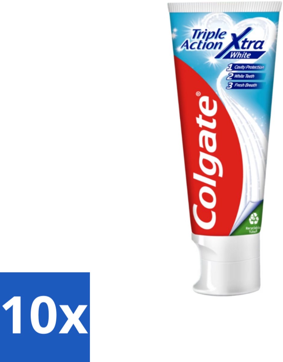 10 x Colgate Tandpasta Triple Action Xtra White 75 ml - Tandpasta - Gaatjes - Wittere Tanden - Frisse Adem - Mondverzorging