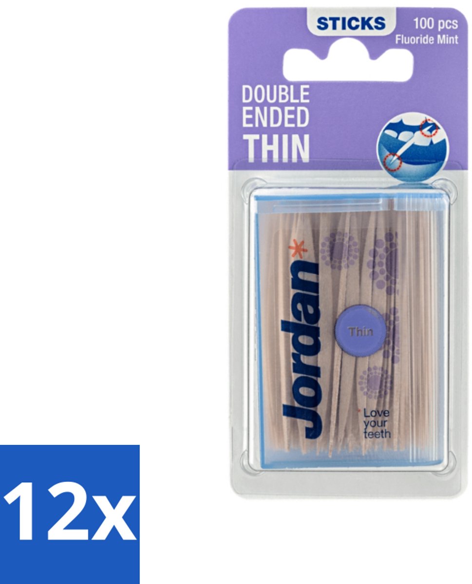 12 x Jordan Tandenstokers Double Ended Thin 100 stuks per verpakking - Tandenstokers - Dubbelzijdige Tandenstokers - Interdentale Reiniging - Tandplak Verwijderen - Fluoride