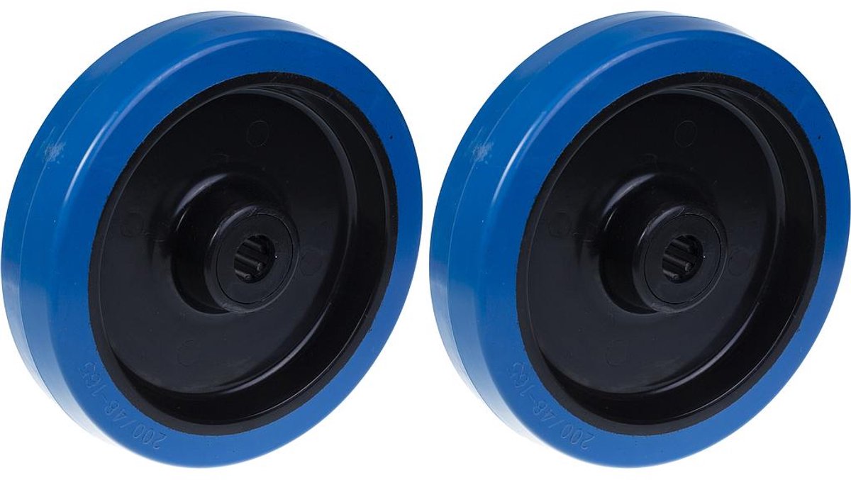 200 mm (8") wiel, blauw rubber met nylon hart en roestvrijstalen lager, draagvermogen 800 kg, set van 2