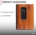 Houten luidspreker met bedieningspaneel voor volume, toon en bas. Aanduidingen voor LED en MODE.