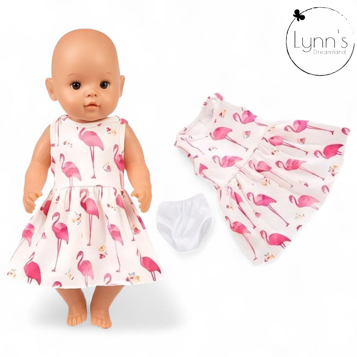 Poppenkleertjes voor babypop 43 cm - Flamingo jurk met onderbroekje - In cadeauzakje - Poppenkleding geschikt voor o.a. Baby Born pop — afbeelding 10