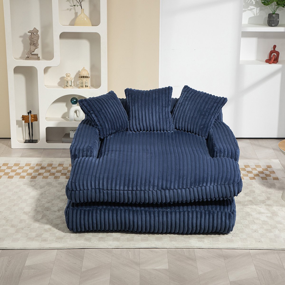BLACKCOLORS Moderne slaapbank van corduroy Cloud Couch met 3 zachte kussens, comfortabele eenpersoonsslaapbank voor woonkamer, appartement, kantoor (marineblauw)