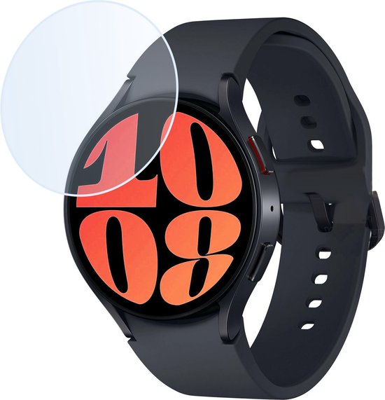Zwarte smartwatch met rode klok, gedeeltelijk bedekt door een screenprotector.