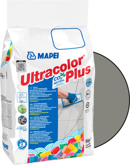 Mapei Ultracolor Plus Voegmortel - Waterafstotend & Schimmelwerend - Kleur 113 Cementgrijs - 5 kg - Mapei