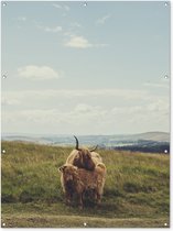 Muurdecoratie buiten Schotse Hooglanders - Gras - Wolken - Dieren - 120x160 cm - Tuindoek - Buitenposter