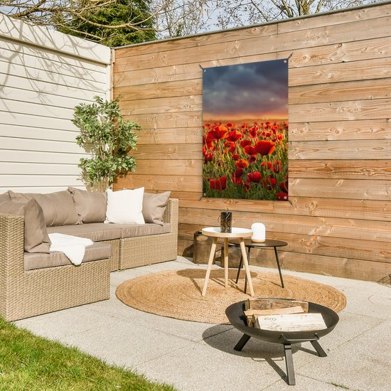 Posters de jardin Coucher de soleil - Coquelicots - Rouge - Fleurs - Champ - Nature - 60x90 cm - Toile jardin - Affiche extérieure