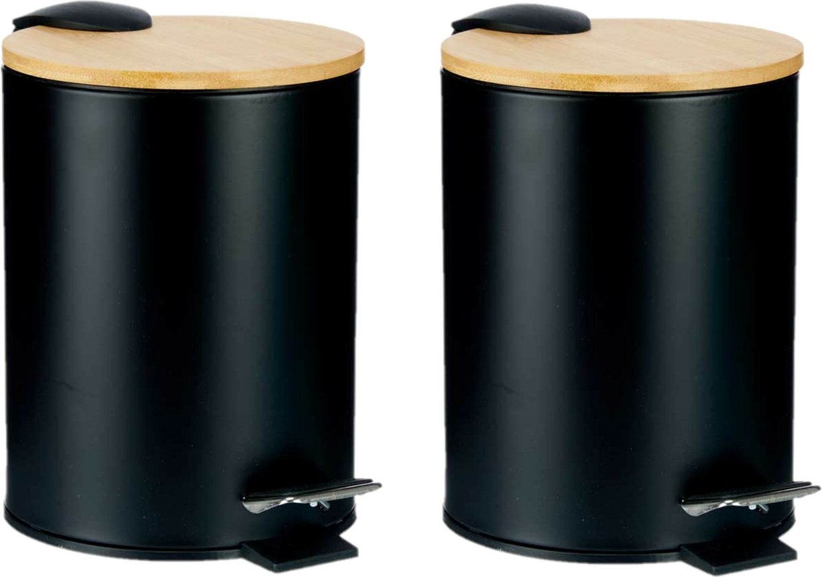 Goedkoopste Berilo Prullenbak/pedaalemmer - 2x - zwart - 3 liter - metaal/bamboe - 17 x 23,5 cm