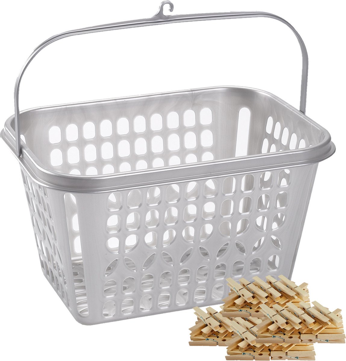 Goedkoopste Wasknijper bewaarmandje/bakje - zilver - incl. 100x wasknijpers - hout