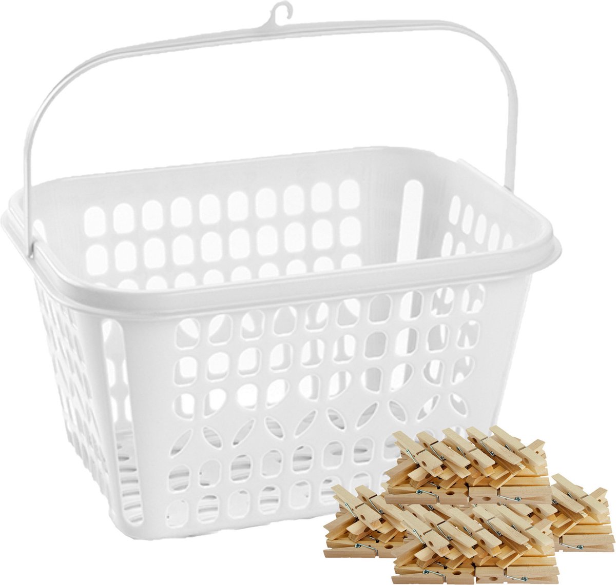 Goedkoopste Wasknijper bewaarmandje/bakje - wit - incl. 100x wasknijpers - hout