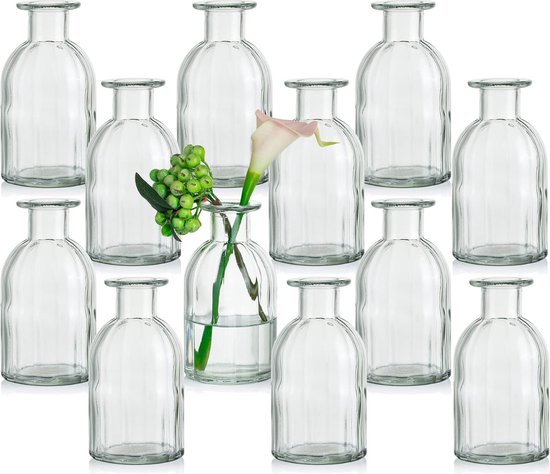 Kleine vazenset glazen vaas, 12 stuks mini-bloemenvaas, doorzichtig, vintage vaas, glas, rond, glazen vazen, flessenvaas, kleurrijk, klein, geribbeld, tafelvaas, vazenset, glazen fles, decoratie voor bruiloft, tafeldecoratie