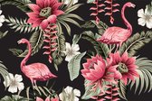 Fotobehang Tropische Bloemen En Flamingo's Vintage - Vliesbehang - 315 x 210 cm