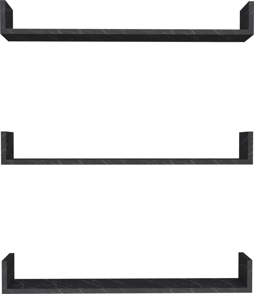 Wandplank Azahar - Set van 3 - 12x90x15 cm - Marmer Zwart - Spaanplaat - Modern Design