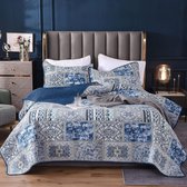 patchwork, 220 x 240 cm, blauwe bedsprei voor tweepersoonsbed, vintage stijl, gewatteerde zomerdeken met kussenset, van katoen en polyester, shabby chic