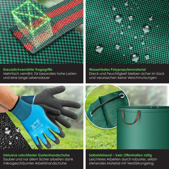 KESSER® Tuinafvalzak Tuinzak Set Bladzak incl. Handschoenen - Zelf Staand 4 Handvatten Stabiel Robuust & Opvouwbaar - Bladzakken Maaisel Tuinzakken voor Tuinafval Groenafval - 2x 500 Liter, Groen van KESSER — afbeelding 5