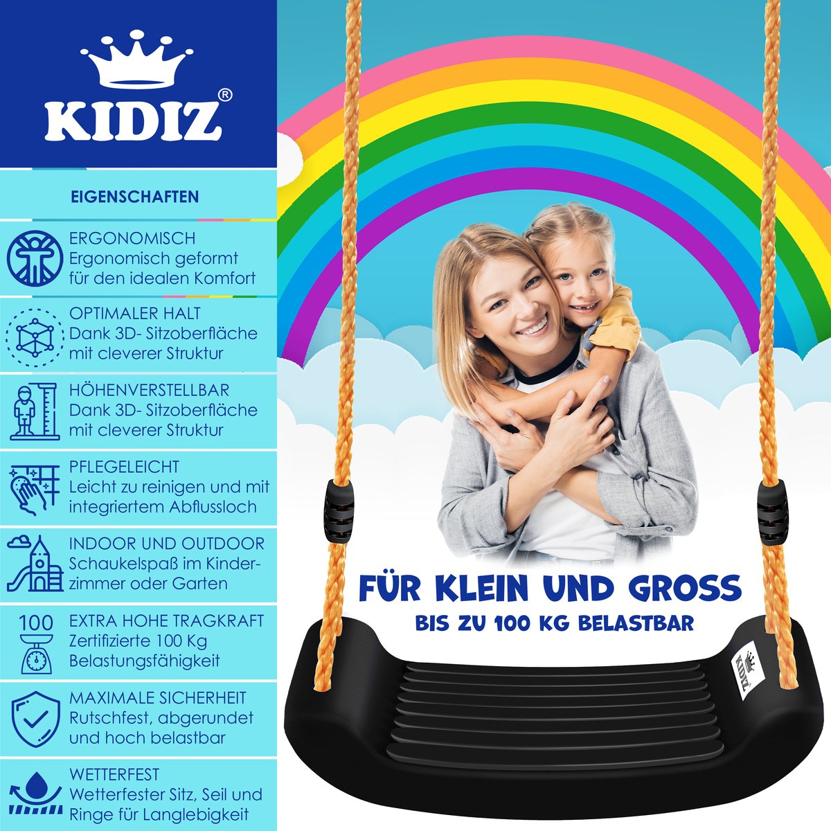 KIDIZ® Schommel Kinderschommel Set - Incl. Accessoires Schommelzitje PP-Touwen Schommelplank Tuin Buiten Binnenschommel voor kinderen om op te schommelen Plastic Hoogte Verstelbaar Antislip - Zwart — afbeelding 5