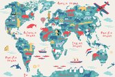 Fotobehang Map Of The World Wallpaper Design For Children's Room. Cute Design, Animals And Builds, Culture, Mural Art. - Vliesbehang - 400 x 280 cm