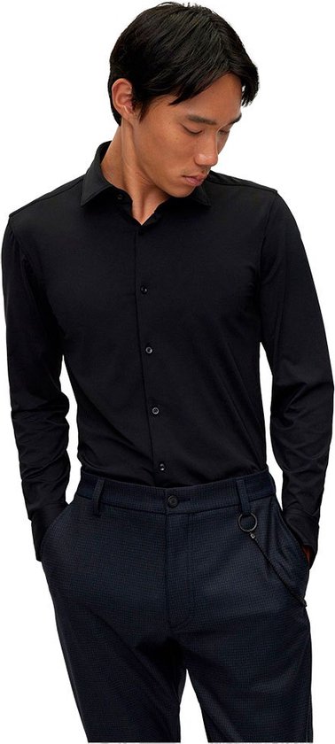 HUGO Kenno slim fit overhemd - tricot - zwart - Strijkvriendelijk - Boordmaat: 42