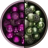 Decoris kerstballen - 74x st - salie groen en paars - 6 cm - kunststof