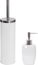 MSV Toiletborstel in houder 38 cm/zeeppompje badkamer accessoires set Montreal - RVS/keramiek - wit