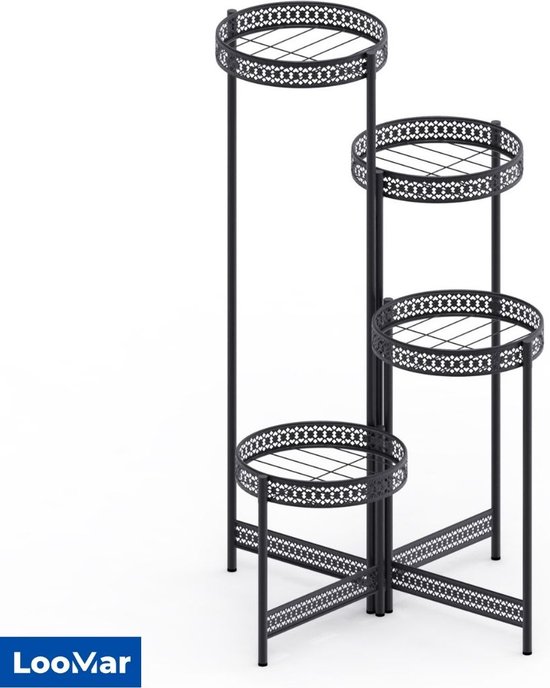 KOMFOTTEU 5 Tier Plant Stand, Metal Planter, Plant Stairs with Tilt Protection, Plant Holder with 7 Levels and 1 Hook, Sales Stand for Patio, Garden and Balcony, Black (1 Pack