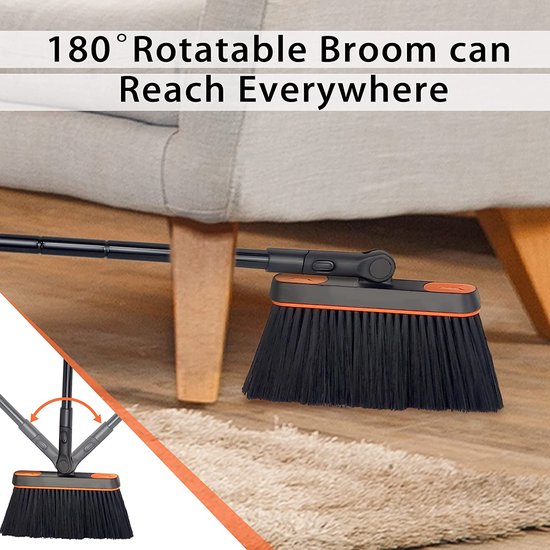 Ensemble Balai et Pelle Daris, Pelle et Brosse Noire à Long Manche, Balai Vertical, Brosse Rotative à 180 Degrés, Pelle à Poussière Domestique avec Dents en Peigne pour Usage Intérieur et Extérieur