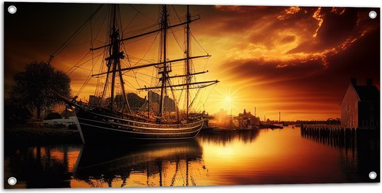 Tuinposter – Zonnestralen van Zonsondergang op Zeilschip op het Water - 100x50 cm Foto op Tuinposter (wanddecoratie voor buiten en binnen)